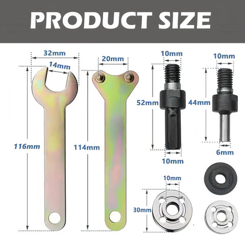 Boss Grade Angle Grinder Drill Arbor Mandrel Adapter Kit with Replacement Flange Nuts and Spanner Wrench shown with dimensions