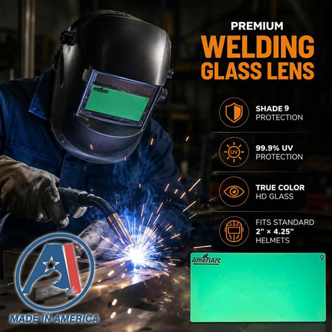 Heavy Duty Shade 9 Welding Lens Replacement Filter Passive Non Auto Darkening Safety Glass True Color View 2X4.25 Inch rectangular lens in use by a welder.