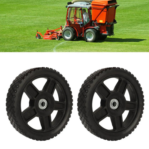 8-Inch PVC Mower Replacement Wheels With Bearings, 2 Pack for Push Lawn Mowers shown on grass with tractor