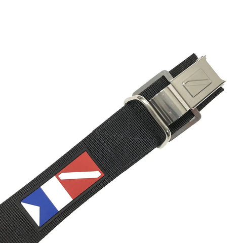 Tank Band Belt With Stainless Steel Cam Buckle For Scuba Cylinders In Black, featuring durable nylon strap and secure cam latch.