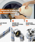 Close-up of 6Ft Stainless Steel Washer Hoses With 90 Degree Elbows Burst Proof Three Quarter FHT Standard Thread Two Pack