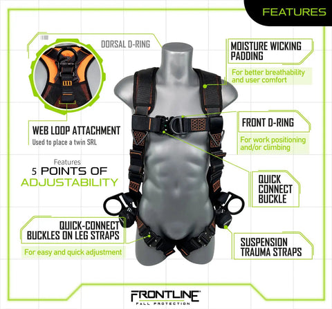 Rugged Combat Vest Style Harness with Front Side D-Rings and Suspension Trauma Straps for All Day Comfort, size 2/3XL