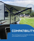 RV Awning End Cap Replacement Kit R001932006 Left Side Black on Compass RV with compatibility text overlay