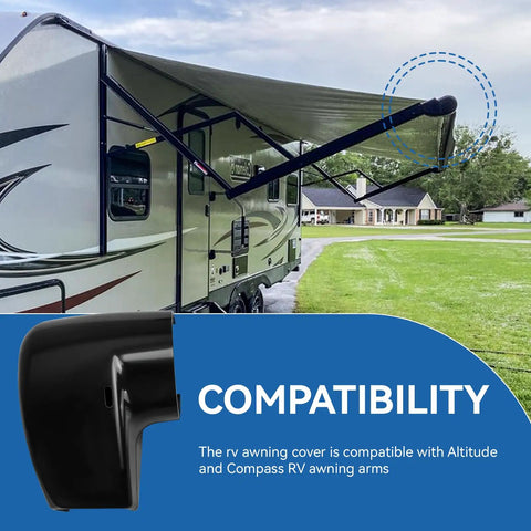 RV Awning End Cap Replacement Kit R001932006 Left Side Black on Compass RV with compatibility text overlay