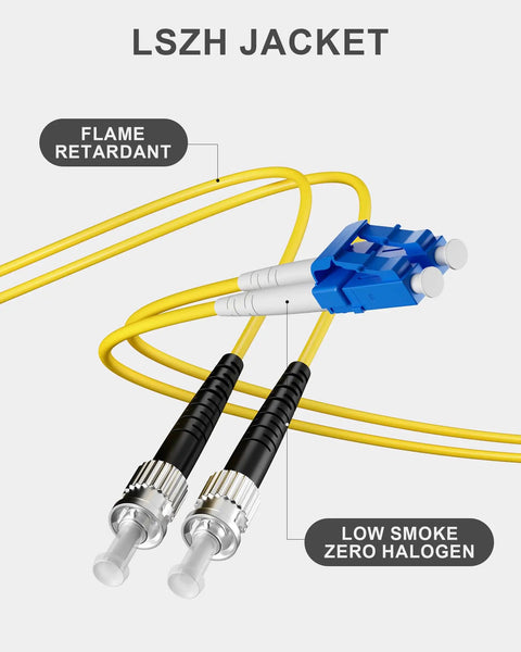 Six Pack LC To ST OS1 Singlemode Duplex Fiber Patch Cable One Meter Length featuring LSZH yellow jacket and connectors.