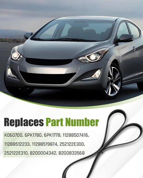 Hyundai Elantra Kona Tucson Serpentine Drive Belt 6PK1780 Beefed Up Durable EPDM Replacement Part K060700 Fit Alternator Water Pump AC Compressor 2015 2021 L4 1.8L 2.0L shown with belt and part numbers