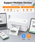 Zero Hassle Bluetooth Thermal Label Printer And Wireless Shipping Label Maker For Business, showing labels printed via Bluetooth and USB.