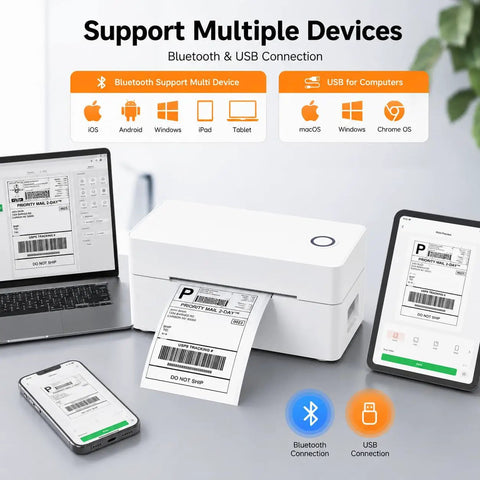 Zero Hassle Bluetooth Thermal Label Printer And Wireless Shipping Label Maker For Business, showing labels printed via Bluetooth and USB.
