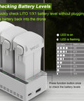 Close-up of Two-Way Battery Charging Hub for LITO X1 and LITO 1 Drones, showing LED indicators and three battery slots.