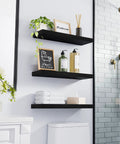 Wall Mounted Rustic Wood Shelves for Bathroom with decor items, black, set of 3, 15.7in, 22lbs capacity, installed view