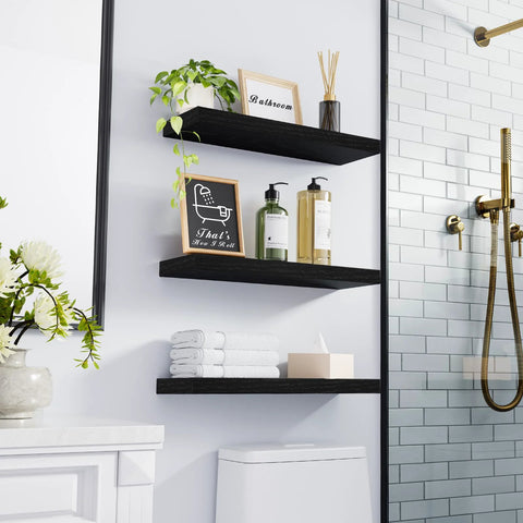 Wall Mounted Rustic Wood Shelves for Bathroom with decor items, black, set of 3, 15.7in, 22lbs capacity, installed view