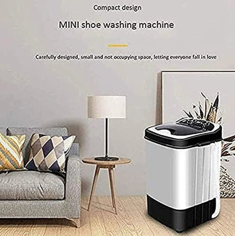 Kick Your Kicks Back Fresh With This Portable Shoe Washer Compact Laundry Spin Dryer Dual Purpose Semiautomatic Sneaker Cleaner Easy Knob Control in a home setting near a couch.