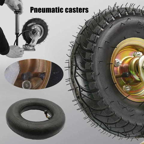Heavy Duty Swivel Casters Pneumatic Inflatable Rubber Trolley Wheels Two Pack with treaded design and inner rubber tube.