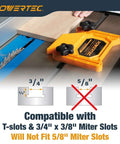 POWERTEC 2-pack universal tandem featherboards on a table saw; orange plastic bodies with black knobs.
