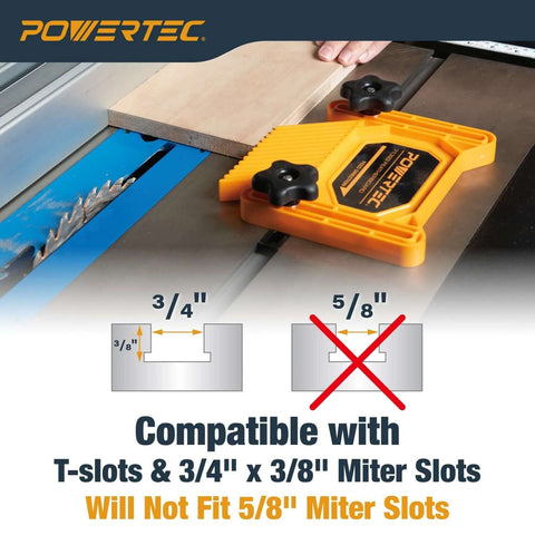 POWERTEC 2-pack universal tandem featherboards on a table saw; orange plastic bodies with black knobs.
