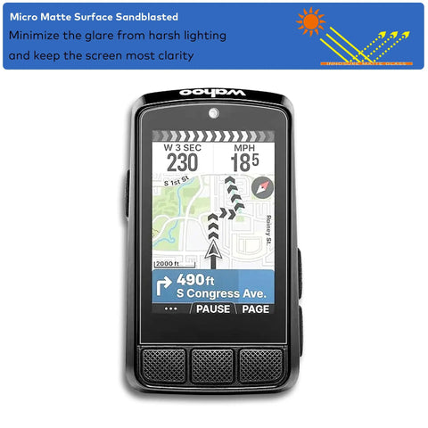 Anti Glare Tempered Glass Screen Protector for Wahoo Elemnt Roam V3 fitted on bike computer showing map