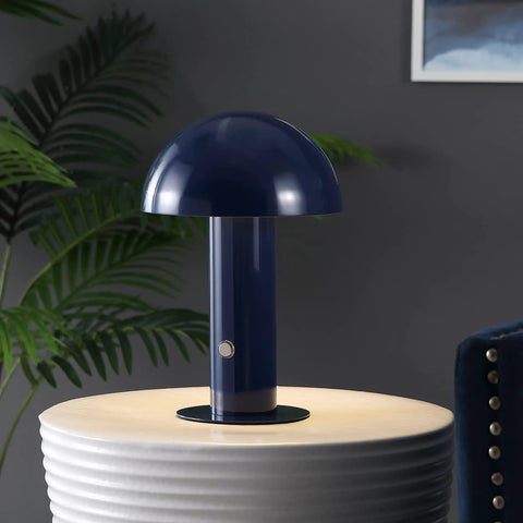 Navy Rechargeable LED Mushroom Table Lamp Cordless Cozy Bedside Light For Living Room And Bedroom 10.75 Inch Three Way Dimmable Modern Iron Desk Light With Metal Shade Portable Nightstand Lamp on white round table