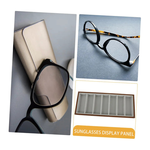 Slick Wooden Sunglasses Display Plate Featuring Seven Grid Slots For Eyeglasses Organization Durable Desktop Holder Stand Ideal Home Office Vanity Setup Big Time Upgrade Keeping Daily Shades Neatly Arranged Clean Lines Deliver Rustic Appeal Keeps with sunglasses displayed.