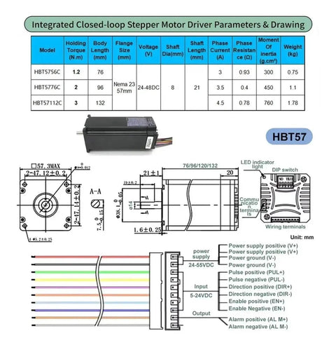 Technical diagram of Electric Slide Table Kit With Nema23 Motor 57mm Linear Guide Rail showing dimensions and wiring