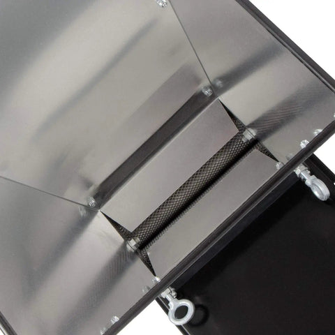 Close-up of grain mill with 7 lb aluminum hopper and two beefy adjustable gap rollers for hand crank or drill powered milling.