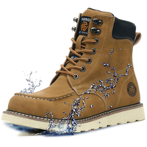 6 Inch Moc Toe Steel Toe Work Boots For Men Waterproof Leather Upper Non Slip Outsole Safety Boots For Construction Heavy Duty Western Wheat US Size 11 All Day Comfort