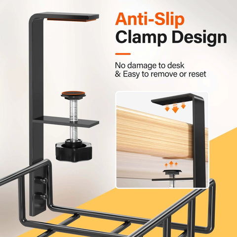 2 Pack Under Desk Cable Management Tray with upgraded clamp no drill wire organizer, anti-slip design, black powder-coated metal, installed.