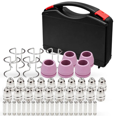 50 Piece Plasma Cutter Torch Consumables Kit with storage box, includes nozzles, electrodes, shielding cups, wire feeders