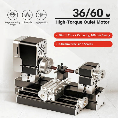 All Metal Elevated Mini Lathe 36W 20,000RPM Desktop Metal And Wood Turning Machine shown with high-torque quiet motor features.