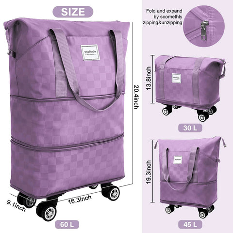 WOOMADA lavender checkered rolling duffel bag with wheels, front view.
