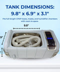 Keep It Fresh On The Daily With This Medium CPAP Ultrasonic Cleaner Equipped With A Stainless Steel Basin And Protective Basket To Deep Clean Masks Hoses And Sleep Apnea Gear, showing tank dimensions 9.8" x 6.9" x 3.1".