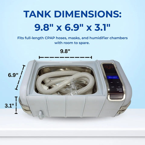 Keep It Fresh On The Daily With This Medium CPAP Ultrasonic Cleaner Equipped With A Stainless Steel Basin And Protective Basket To Deep Clean Masks Hoses And Sleep Apnea Gear, showing tank dimensions 9.8" x 6.9" x 3.1".