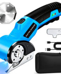 Heavy Duty Cordless Electric Scissors With Rechargeable Rotary Blade And LED Light Safety Lock For No Sweat Cutting Of Cardboard Fabric Carpet Leather And Cloth Slick Power Shears Blue with accessories and blade.