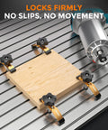 Extended 5-3/8 Inch T Slot Hold Down Clamps 4 Pack for CNC Router and Woodworking, holding wood block securely on metal table.