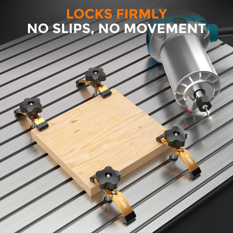 Extended 5-3/8 Inch T Slot Hold Down Clamps 4 Pack for CNC Router and Woodworking, holding wood block securely on metal table.