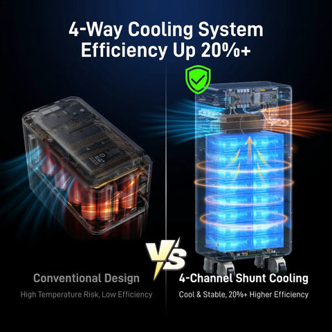 Top Shelf Heavy Duty 48V 314Ah LiFePO4 Battery With 300A Smart BMS And Bluetooth App Control cooling system comparison image.