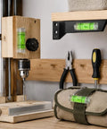 Bubble Level Vial, Acrylic Measuring on a wooden drill setup with tools, compact size for precise leveling.