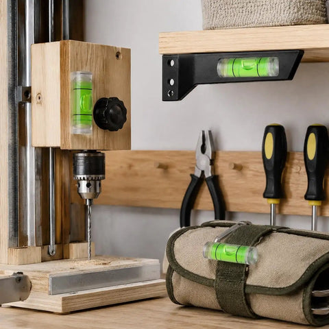 Bubble Level Vial, Acrylic Measuring on a wooden drill setup with tools, compact size for precise leveling.