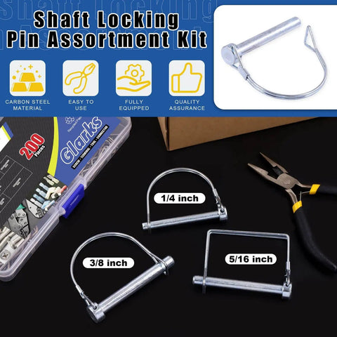 216 Piece PTO Pin And Cotter Pin Kit Glarks With R Clips And Needle Nose Pliers, includes 1/4, 5/16, 3/8 inch pins.