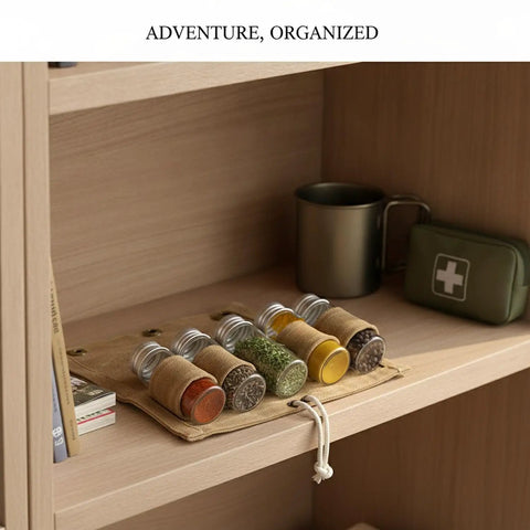 Seasoning Bottle Storage Bag Portable Spice Organizer Pouch with Zipper for Camping and RV Travel on wooden shelf