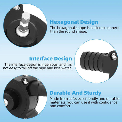 Close-up of two pack drill powered fluid transfer pump showing hexagonal design, interface details, and durable materials.