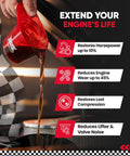 Close-up of pouring Premium Drop In Engine Oil Additive into crankcase for smoother engine performance.