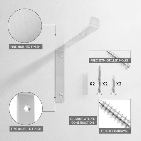 Rock Solid Stainless Steel Wall Mount Bracket For 5.9 Inch Shelves with screws and fine brushed finish detail