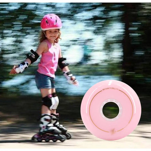 Child skating on inline skates with pink protective gear beside Inline Skates Replacement Wheels Pack 4 Or 8 72mm 76mm 80mm 86A Hardness