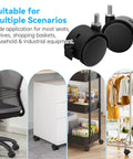 Four 2-inch black nylon caster wheels with M8 threaded stems and locking brakes; 360° swivels, shown installed on chair, cabinet, cart, and clothing rack.