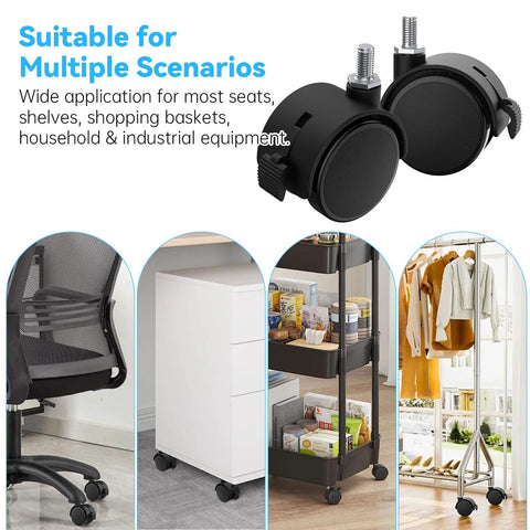 Four 2-inch black nylon caster wheels with M8 threaded stems and locking brakes; 360° swivels, shown installed on chair, cabinet, cart, and clothing rack.