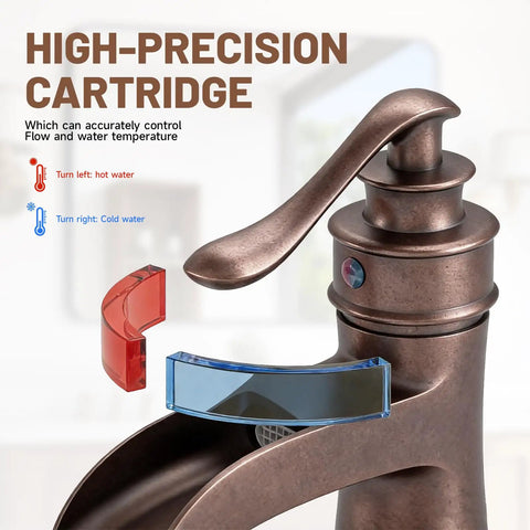 Copper Farmhouse Bathroom Sink Faucet With Waterfall Spout Boss Built To Last Pop Up Drain Stopper with high-precision cartridge
