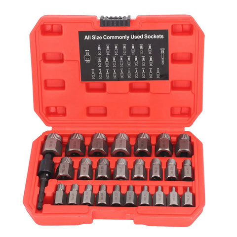 Heavy Duty 27 Piece Screw Extractor Set Made From Tough Molybdenum Steel Bolt Removal Kit With Hex Head And Left Hand Thread For Damaged Fasteners Repair Jobs, red case open