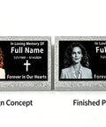 Weatherproof Custom Memorial Plaques In Black Granite With Marble Base side by side design concept and finished product