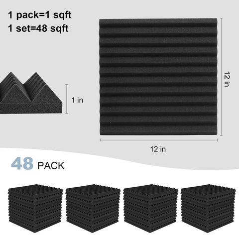 Top Shelf Studio Gear 48 Pack Premium High Density Acoustic Foam Panels 12 By 12 Inch Wedge Design for sound absorption.