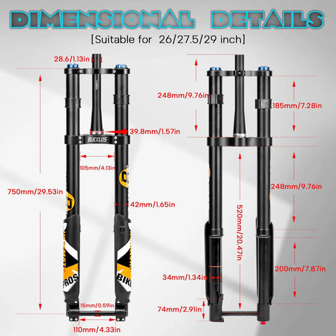 Electric Mountain Bike Front Fork With Air Suspension For 26, 27.5, And 29 Inch Wheels Inverted Downhill Design shown with dimensions.